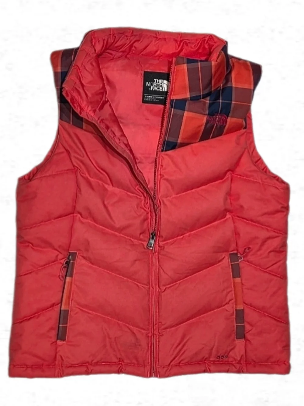 North Face Retro Plaid Vest Large Coral Red Orange Blue Down Puffer Womens Large
